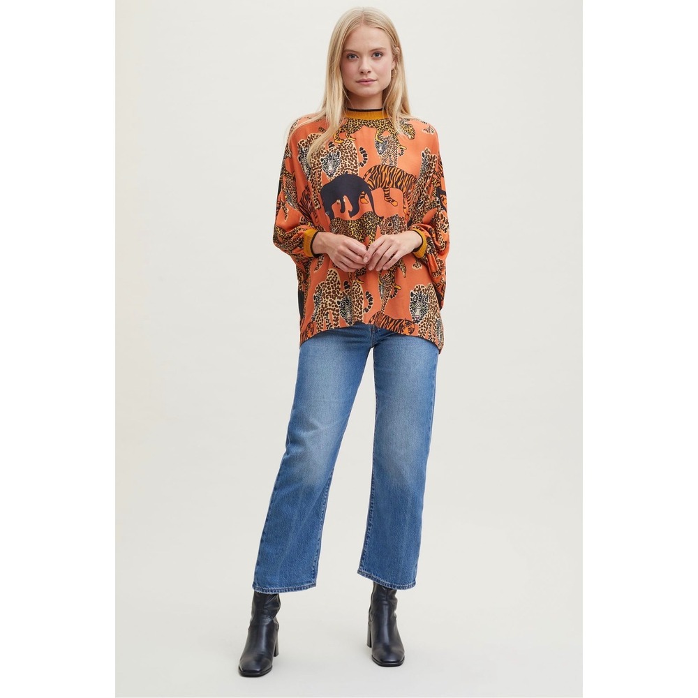Conditions Apply Tunic Top Anthropologie Womens L Tiger Leopard Dolman Mock Neck